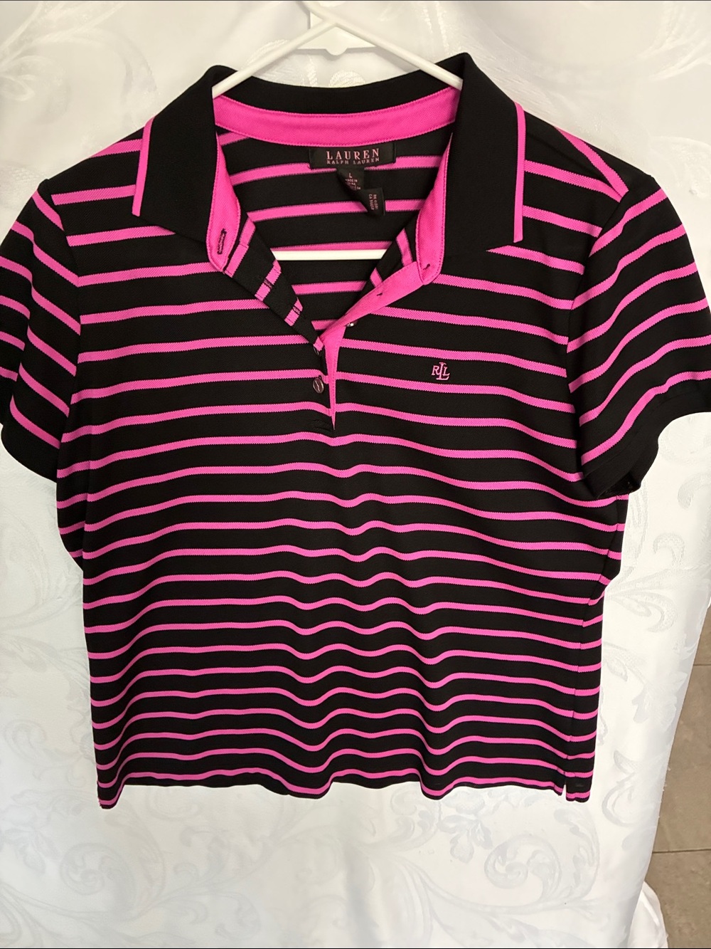 Lauren Ralph Lauren Black & Hot Pink Striped Polo Shirt